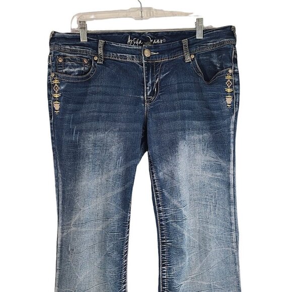 Arya Jeans Embroidered Flap Pockets 90s Y2K Flared Stretch Mid Rise Denim 35X32 - Picture 4 of 12